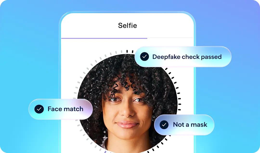 Plaid Identity Verification demo showing selfie capture, liveness detection, deepfake checks, and face match to support global KYC compliance and prevent identity fraud.