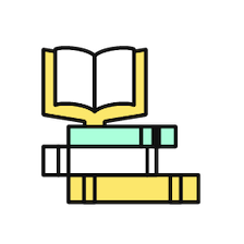 An illustration of an open yellow book stacked on top of three closed books. 
