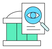 An icon of a magnifying glass over a document with an eye symbol, representing scrutiny or review. The document is in front of a government building.