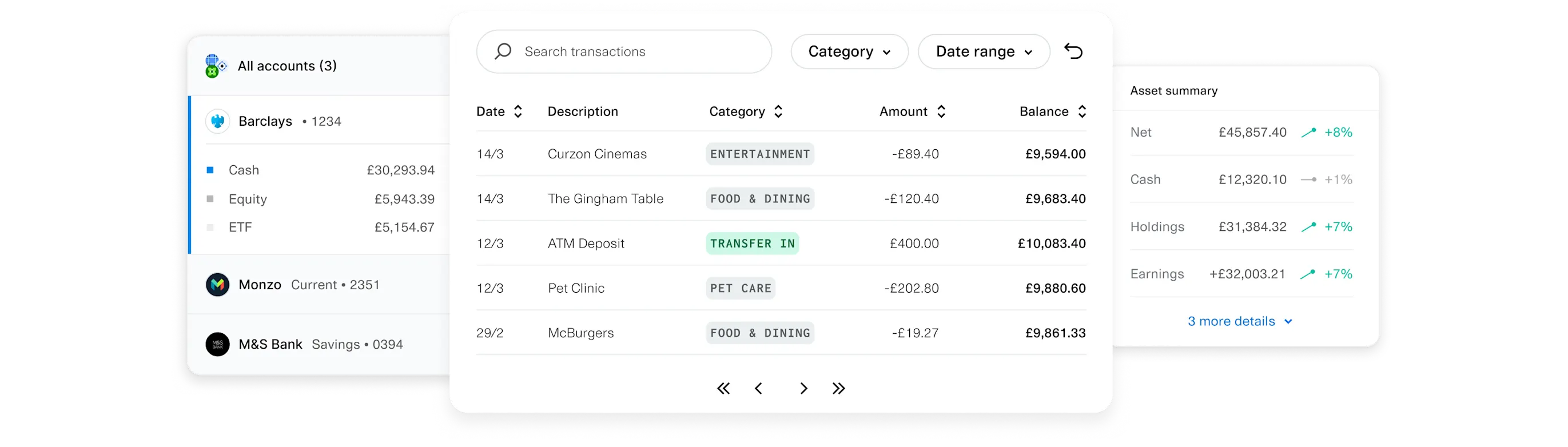 A modern personal finance dashboard interface showing multiple bank accounts, recent transactions with categories and balances, and an asset summary panel with net worth, cash, holdings, and earnings metrics.