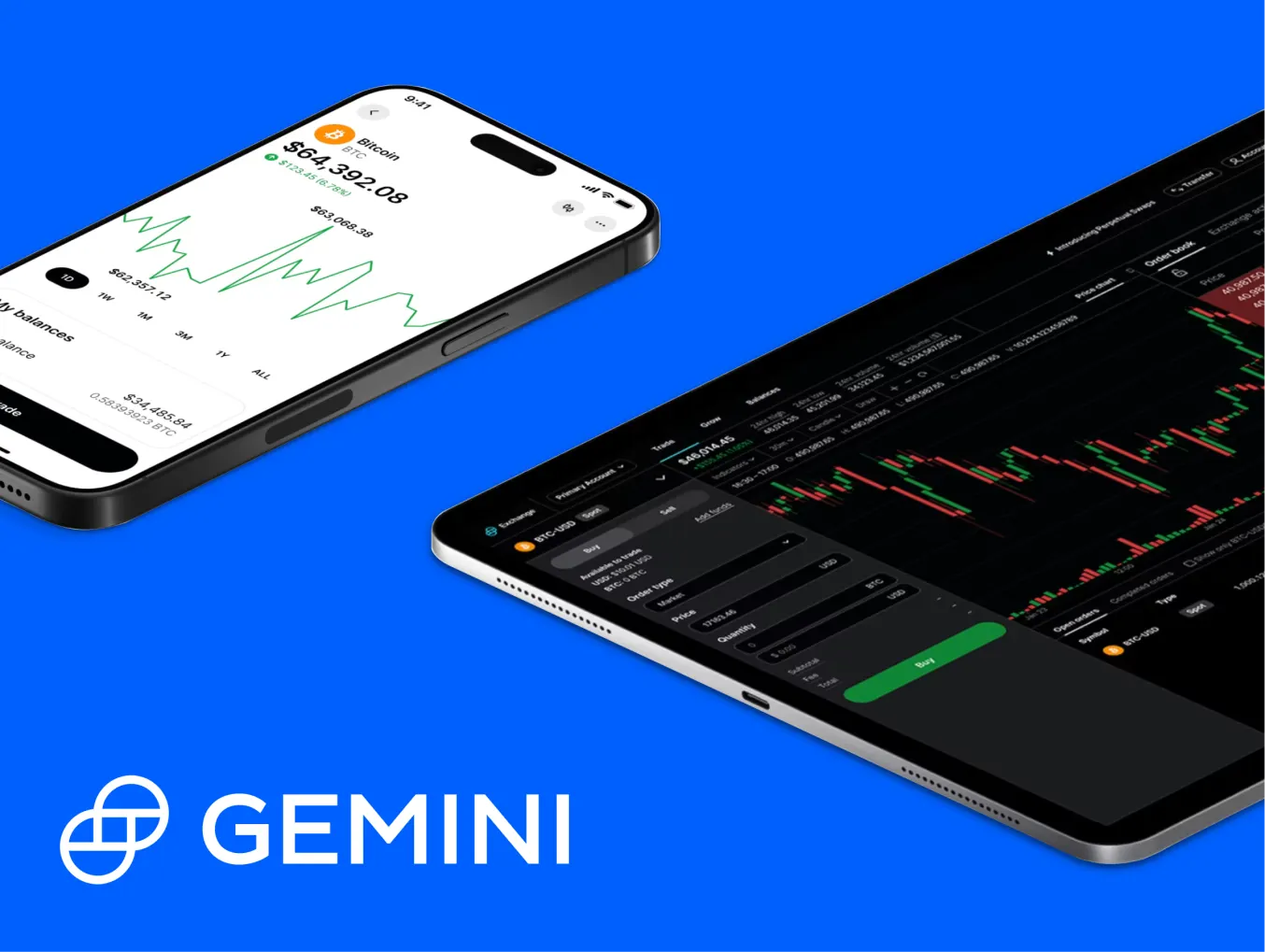 Two devices displaying the Gemini app. The phone screen shows a cryptocurrency balance of $64,382.05 with a graph of its performance. The tablet screen displays a more detailed trading interface with charts and options. The Gemini logo is visible at the bottom left of the image.