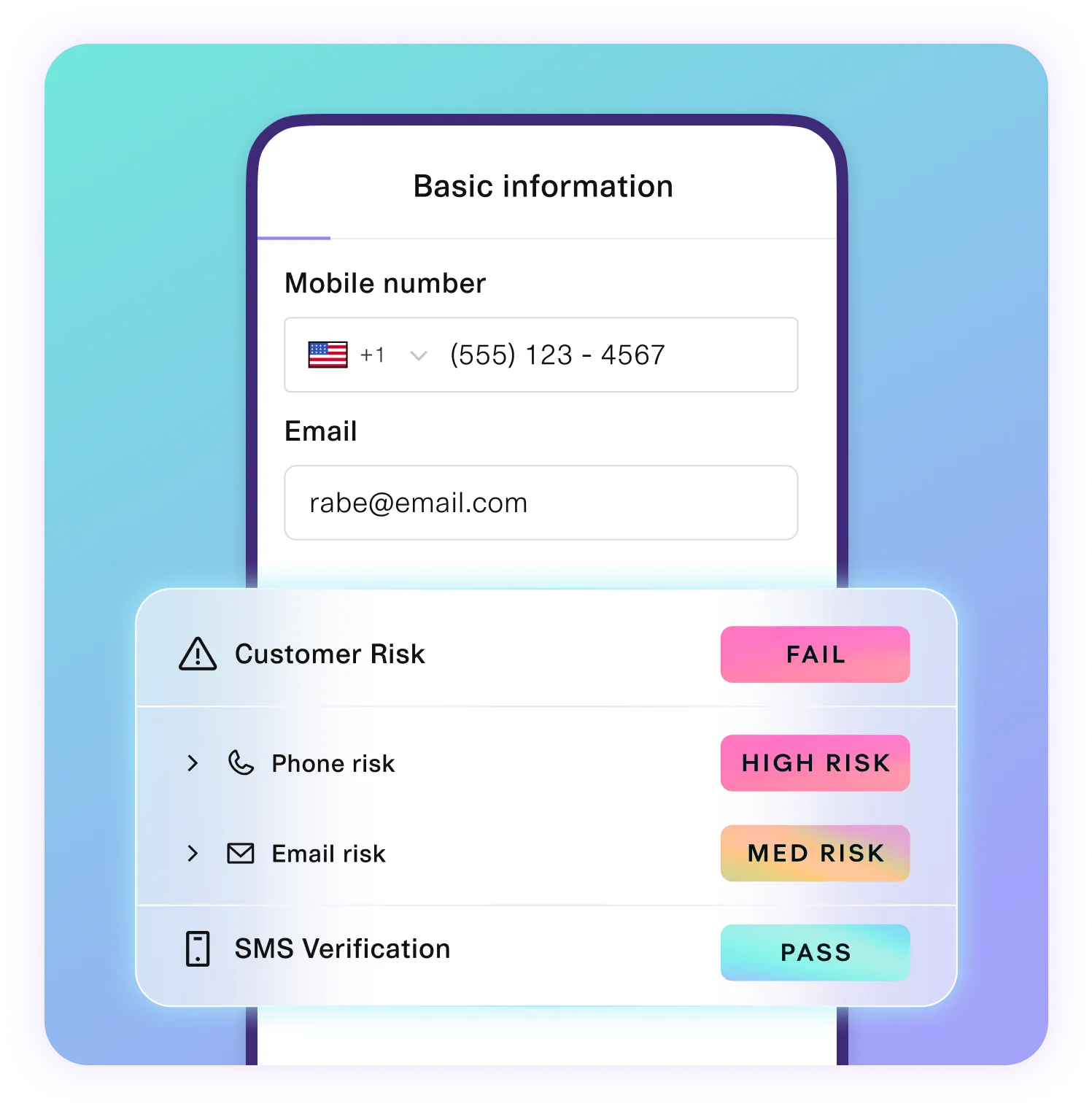 Digital identity verification interface displaying basic user information, including a mobile number and email. A customer risk assessment panel shows a 'FAIL' status, with 'HIGH RISK' for phone verification, 'MED RISK' for email verification, and 'PASS' for SMS verification. Gradient blue and purple background emphasizes secure fraud detection and risk analysis.