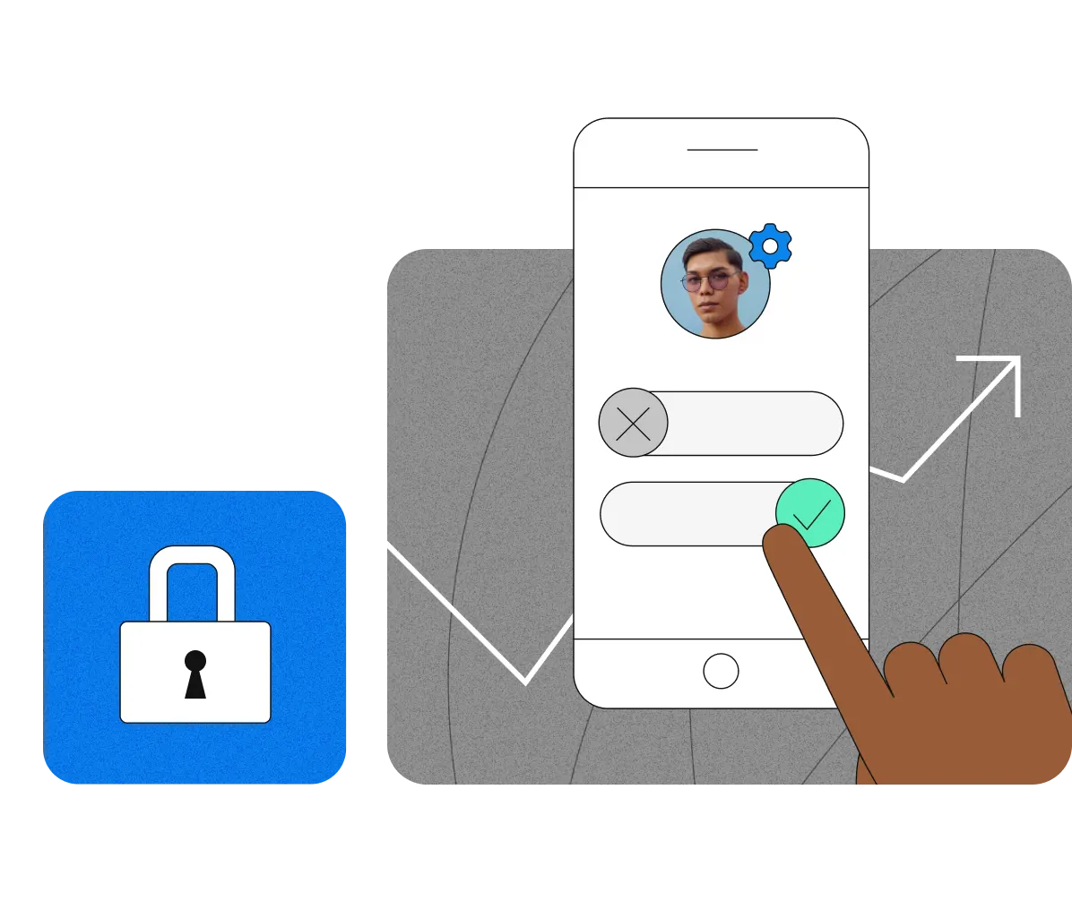 Visual depiction of a smartphone interface showcasing a user profile with security settings, accompanied by a padlock icon. Emphasizes user control and enhanced digital security.