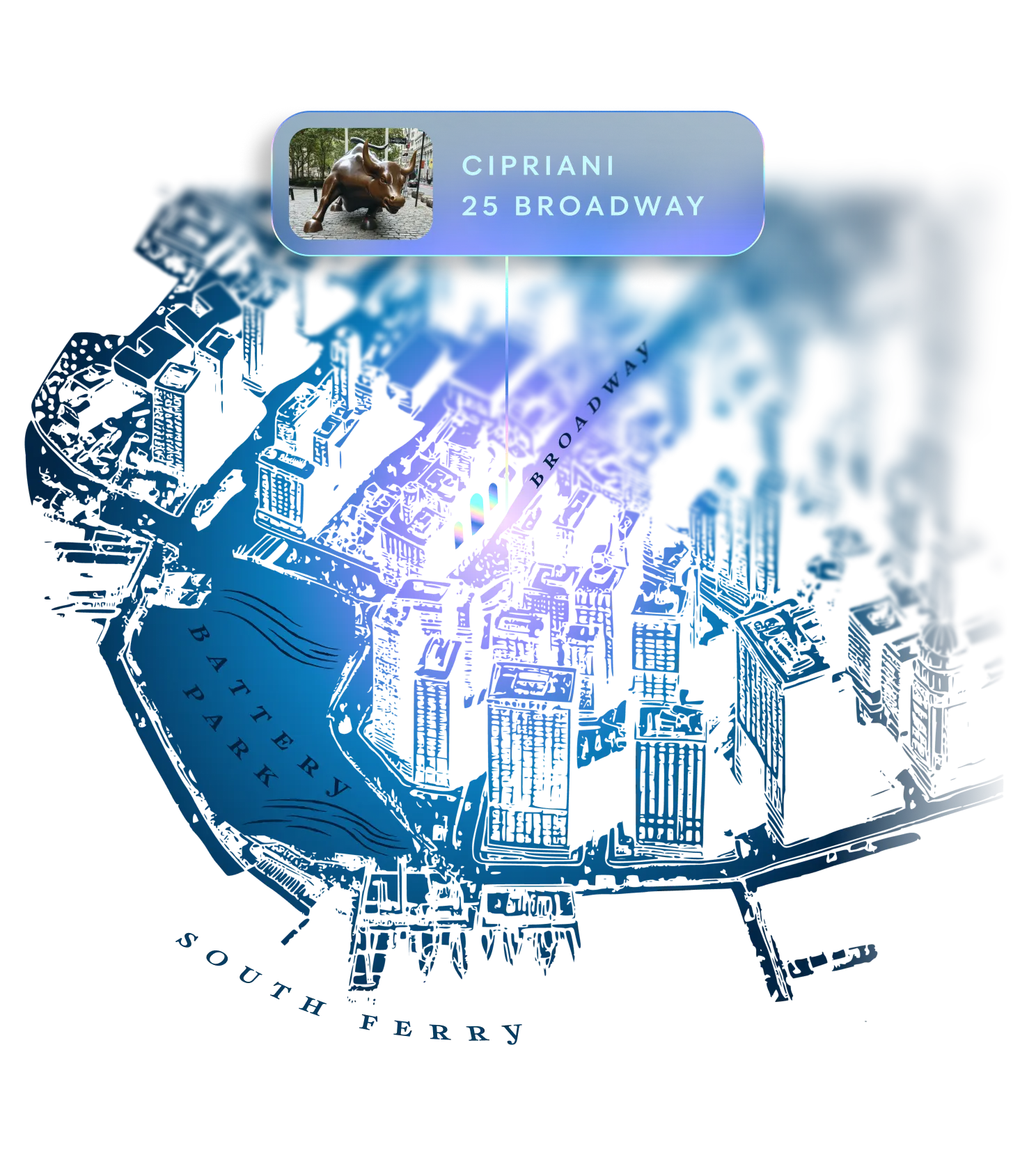 Cipriani, 25 Broadway. Map illustration highlighting Cipriani at 25 Broadway in New York City, showcasing the Effects conference location for an AI in financial services event focused on intelligent finance, fintech innovation, and open banking