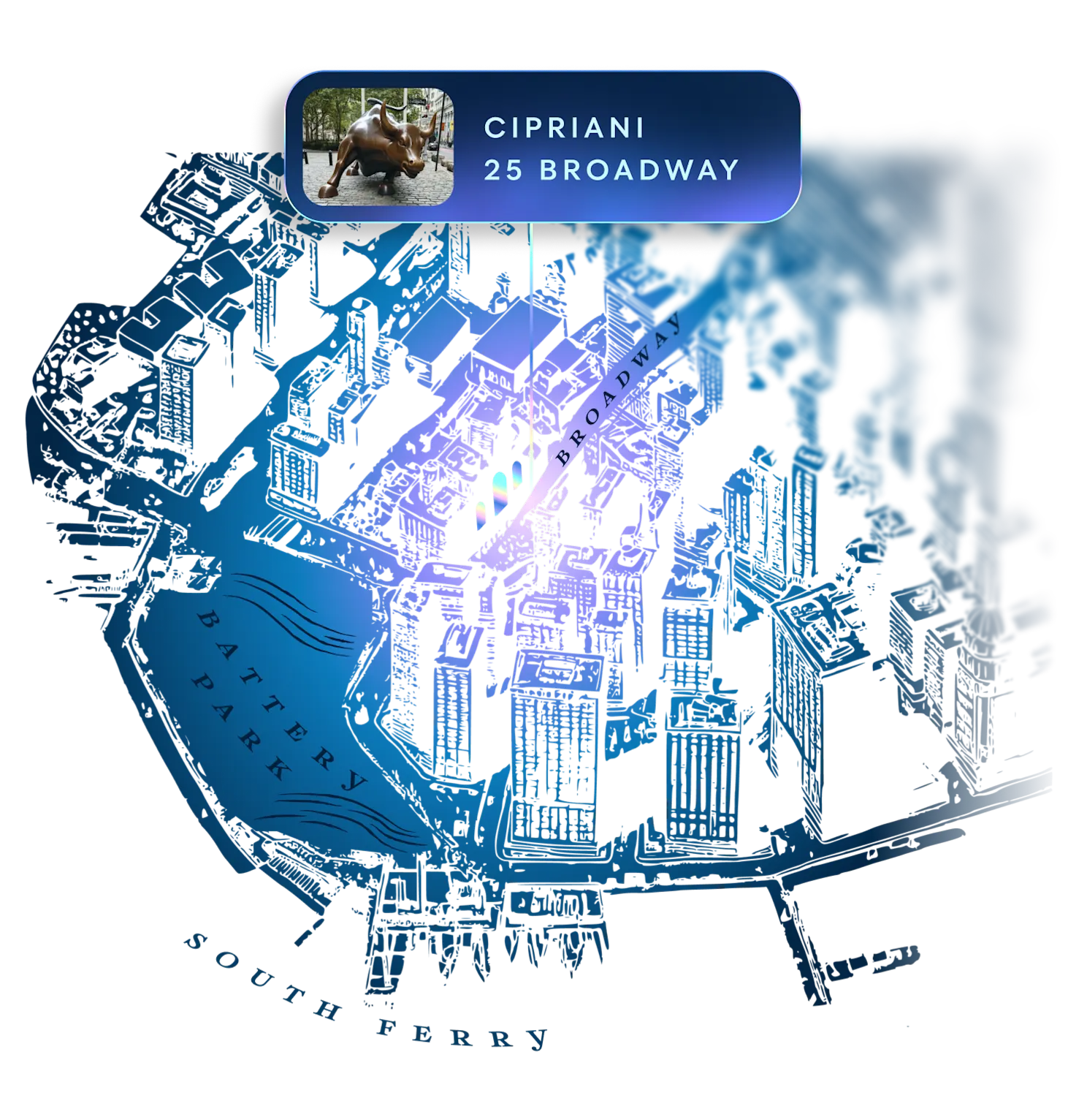 Cipriani, 25 Broadway. Map illustration highlighting Cipriani at 25 Broadway in New York City, showcasing the Effects conference location for an AI in financial services event focused on intelligent finance, fintech innovation, and open banking