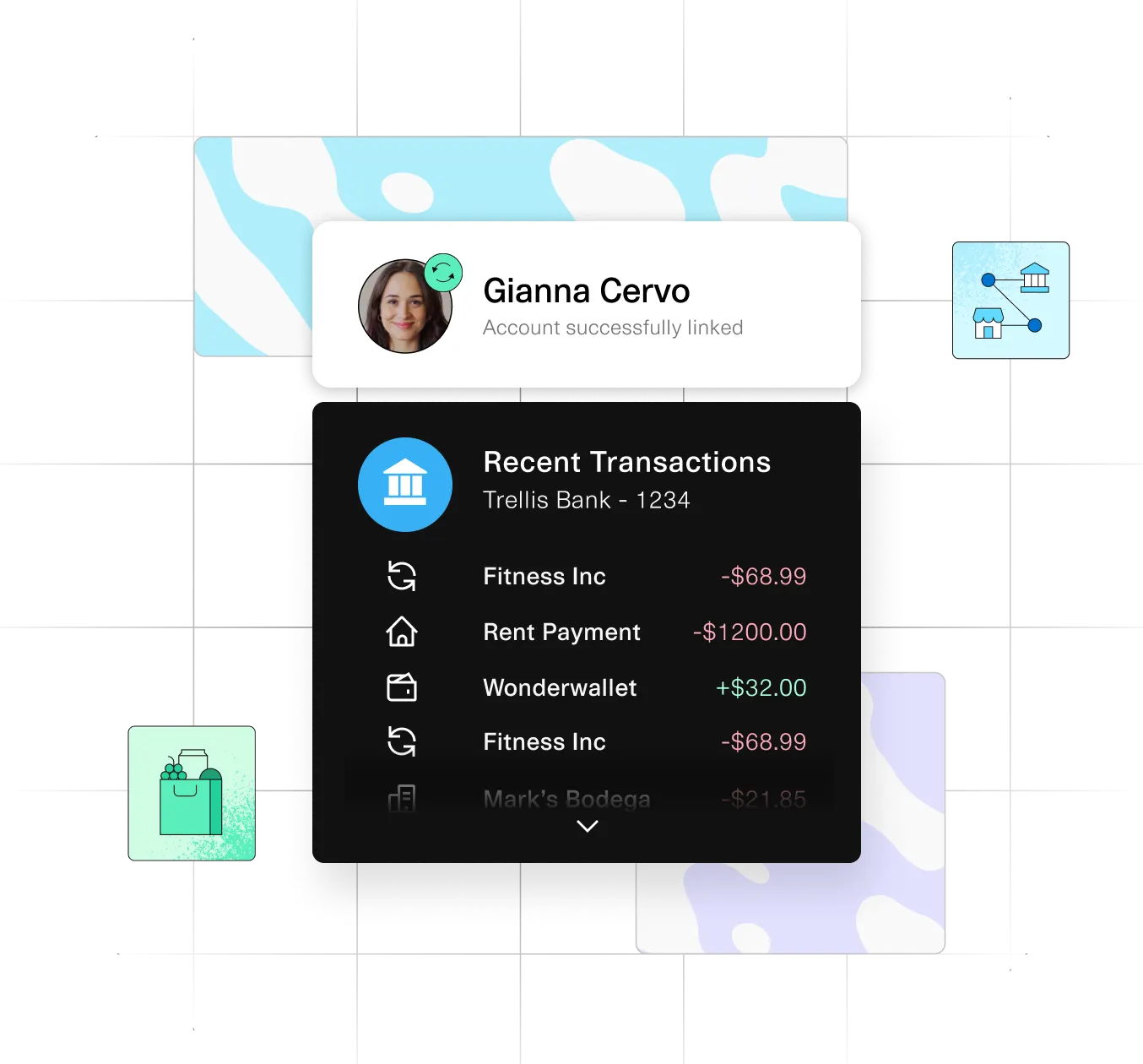 A banking app interface displaying a user's profile and transaction history. The profile for 'Gianna Cervo' indicates the account is linked successfully. Below are recent transactions listing debits for fitness services and rent, along with a credit from a service called Wonderwallet. Icons accompany the transactions, suggesting the nature of each expense.
