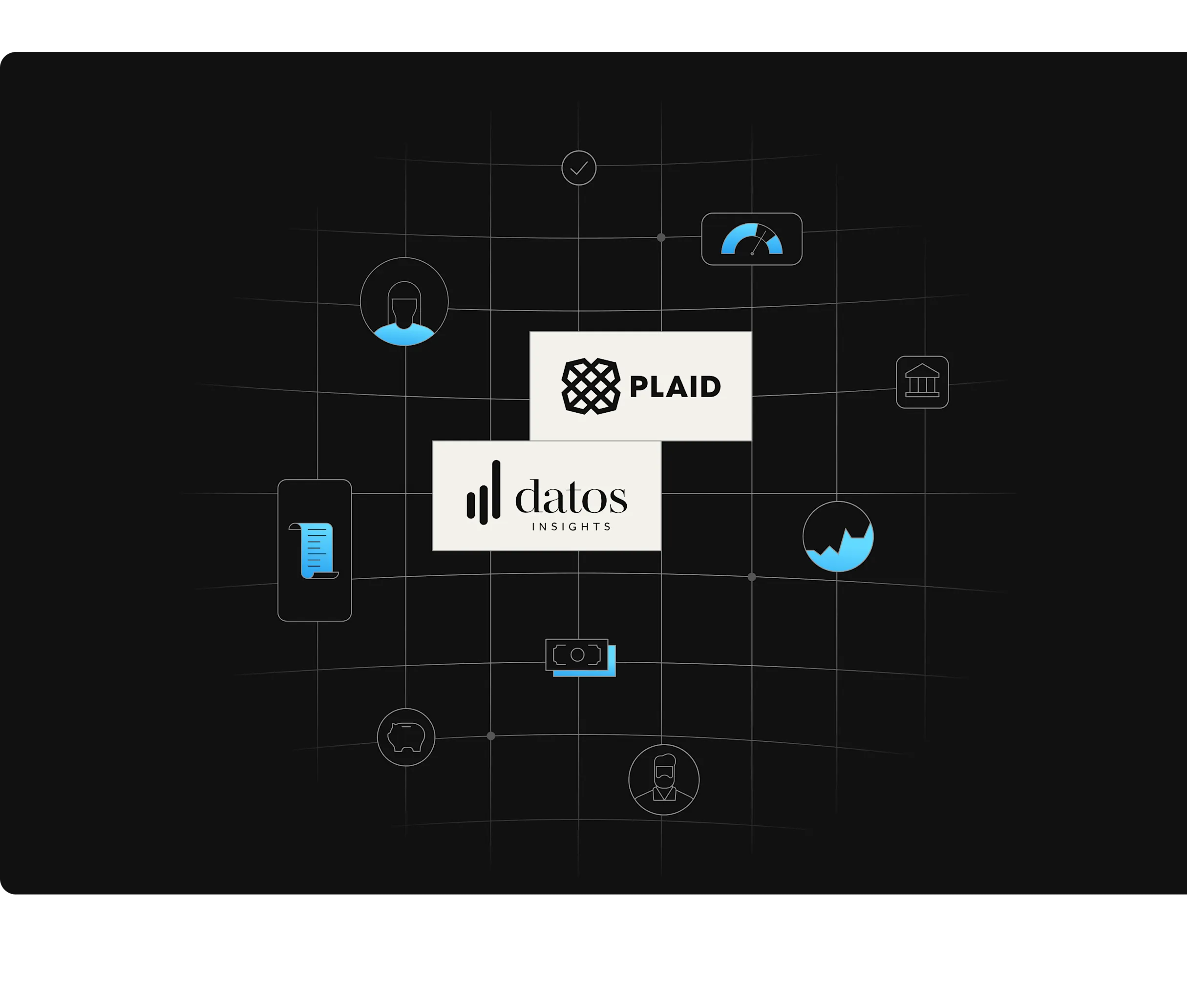 Abstract visual showing the logos of Plaid and Datos Insights centered on a dark background with a grid pattern. Surrounding the logos are minimalist icons representing financial and technological concepts, such as a graph, a document, a speedometer, and a money symbol, all highlighted in blue and white accents.