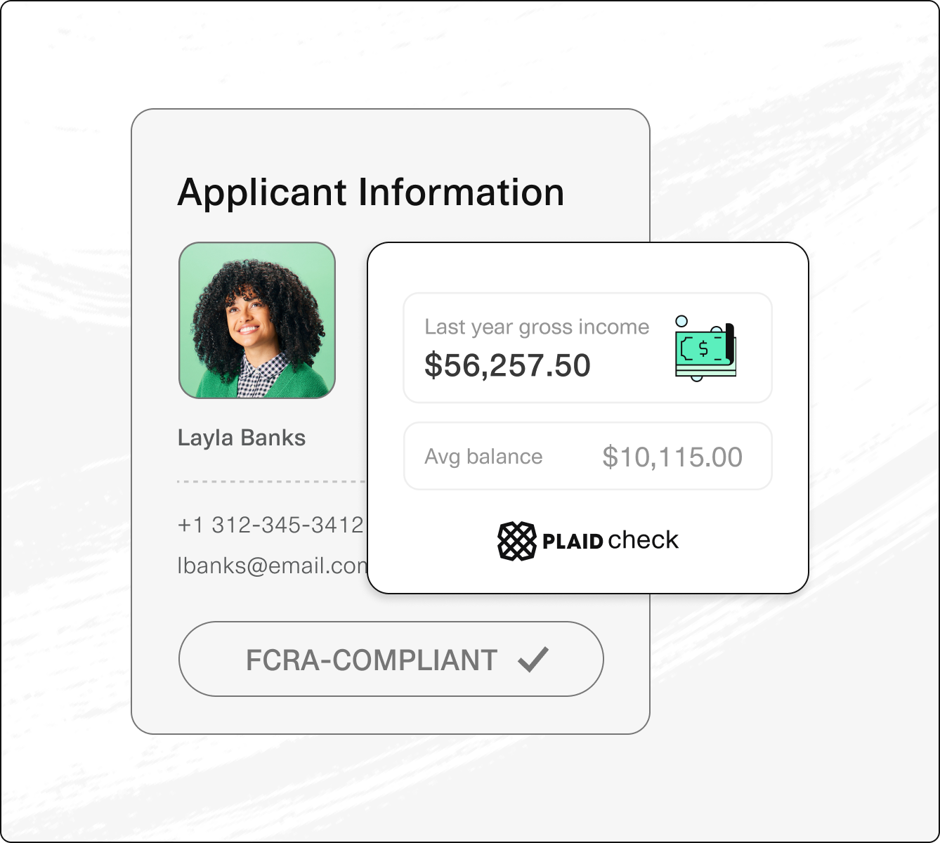 Applicant Information screen for Layla Banks, showing her profile picture, contact information, and financial details verified by Plaid Check. The details include last year's gross income of $56,257.50 and an average balance of $10,115.00. The screen also indicates FCRA compliance with a checkmark.