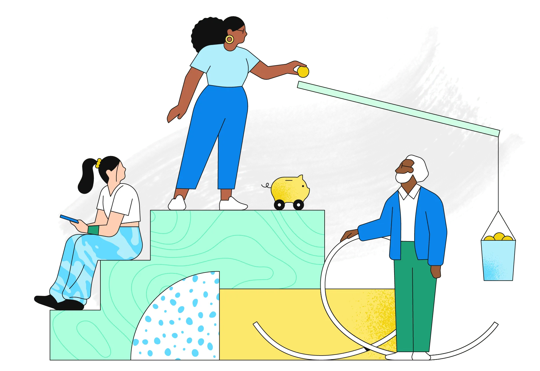 An illustration of three people, two with longer hair in ponytails and one with shorter hair and a beard, interacting with an abstracted version of a Rube Goldberg machine. 