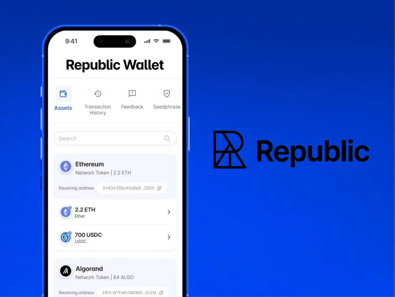 A smartphone screen displaying the Republic Wallet interface. The screen shows various assets, including Ethereum, 2.2 ETH, 700 USDC, and Algorand. The Republic logo is prominently displayed on the right side of the image against a blue background.