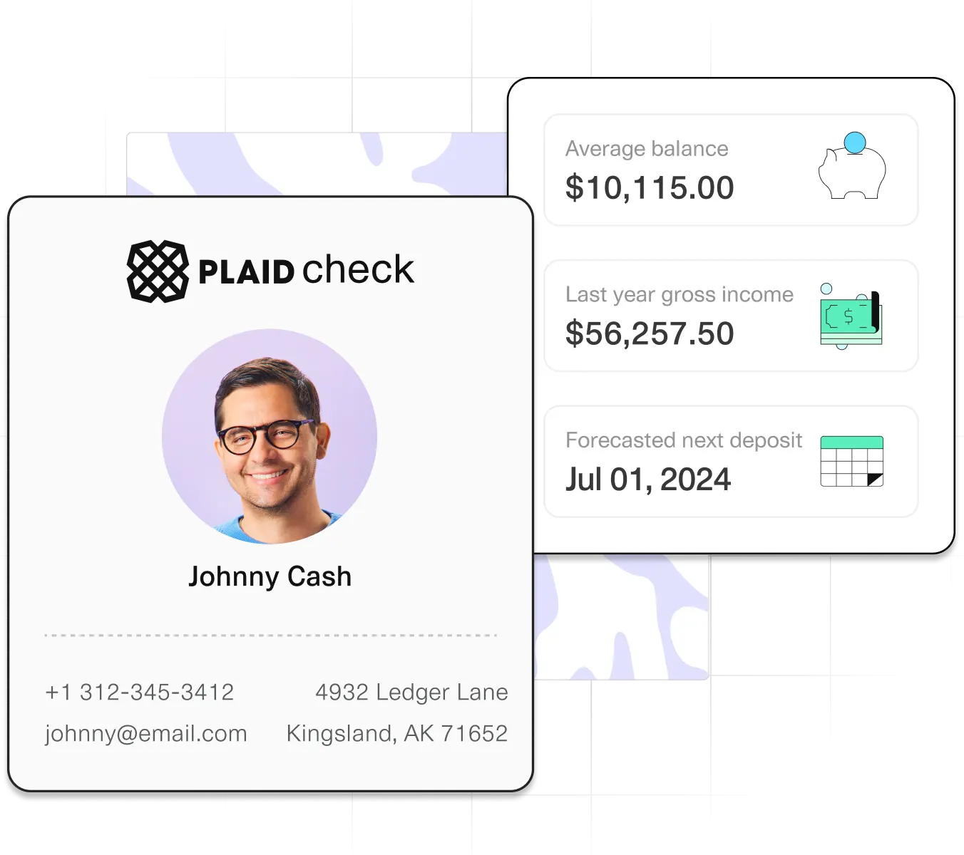 PlaidCheck profile card featuring a photo of Johnny Cash, his contact information, and financial details. The card displays Johnny's phone number, email, and address in Kingsland, AK. Beside the profile, financial stats show an average balance of $10,115.00, last year's gross income of $56,257.50, and a forecasted next deposit date of July 1, 2024.