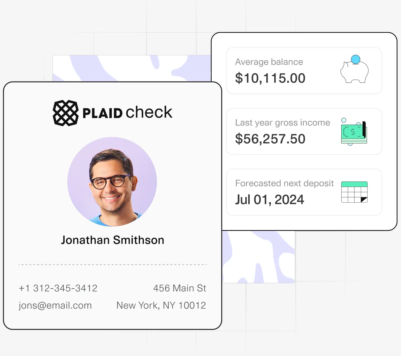 Profile card for Jonathan Smithson from PLAIDcheck, displaying his photo, contact details, and financial summary: average balance of $10,115.00, last year's gross income of $56,257.50, and next deposit on July 01, 2024.