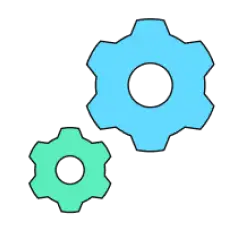 Illustration of two gears, one green and one blue, interlocked to represent settings or mechanical processes.