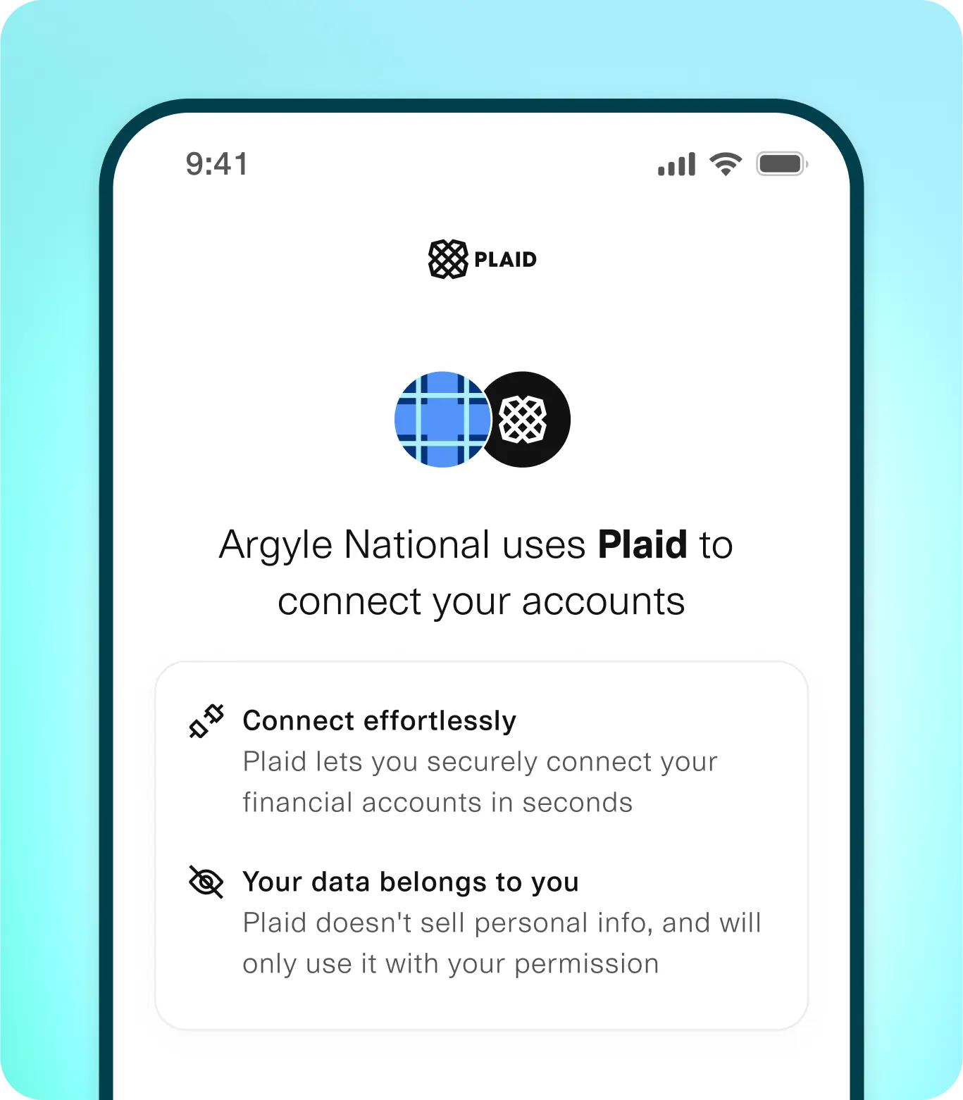 Mobile screen displaying a Plaid interface for securely connecting financial accounts, highlighting ease of use and data privacy assurances.