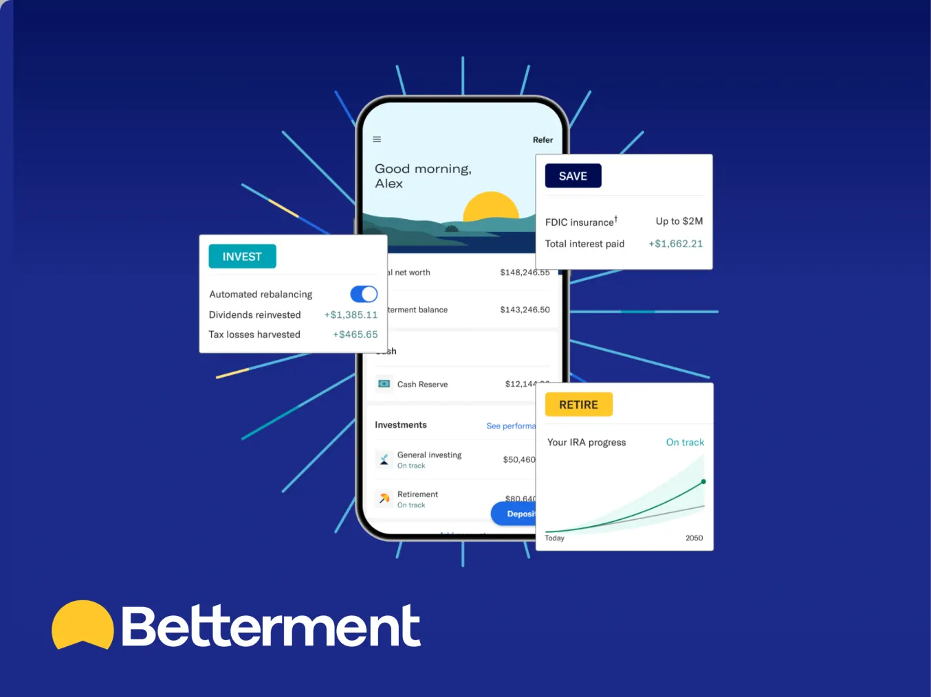 Betterment advertisement featuring a smartphone displaying a financial overview with sections labeled 'Invest,' 'Save,' and 'Retire.' The 'Invest' section shows automated rebalancing, dividends reinvested, and tax losses harvested. The 'Save' section displays FDIC insurance and total interest paid. The 'Retire' section shows a graph of IRA progress. The Betterment logo is prominently displayed at the bottom left of the image on a dark blue background.