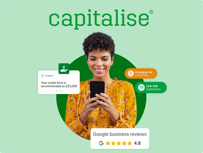 Smiling woman in a yellow floral blouse looking at her phone, surrounded by business insights. A card displays 'Your credit limit is recommended as £25,000' with a pound icon. Circular indicators show '6 Emerging risk customers' in orange and '13 Low risk customers' in green. A Google Business Reviews rating of 4.8 stars is also displayed.