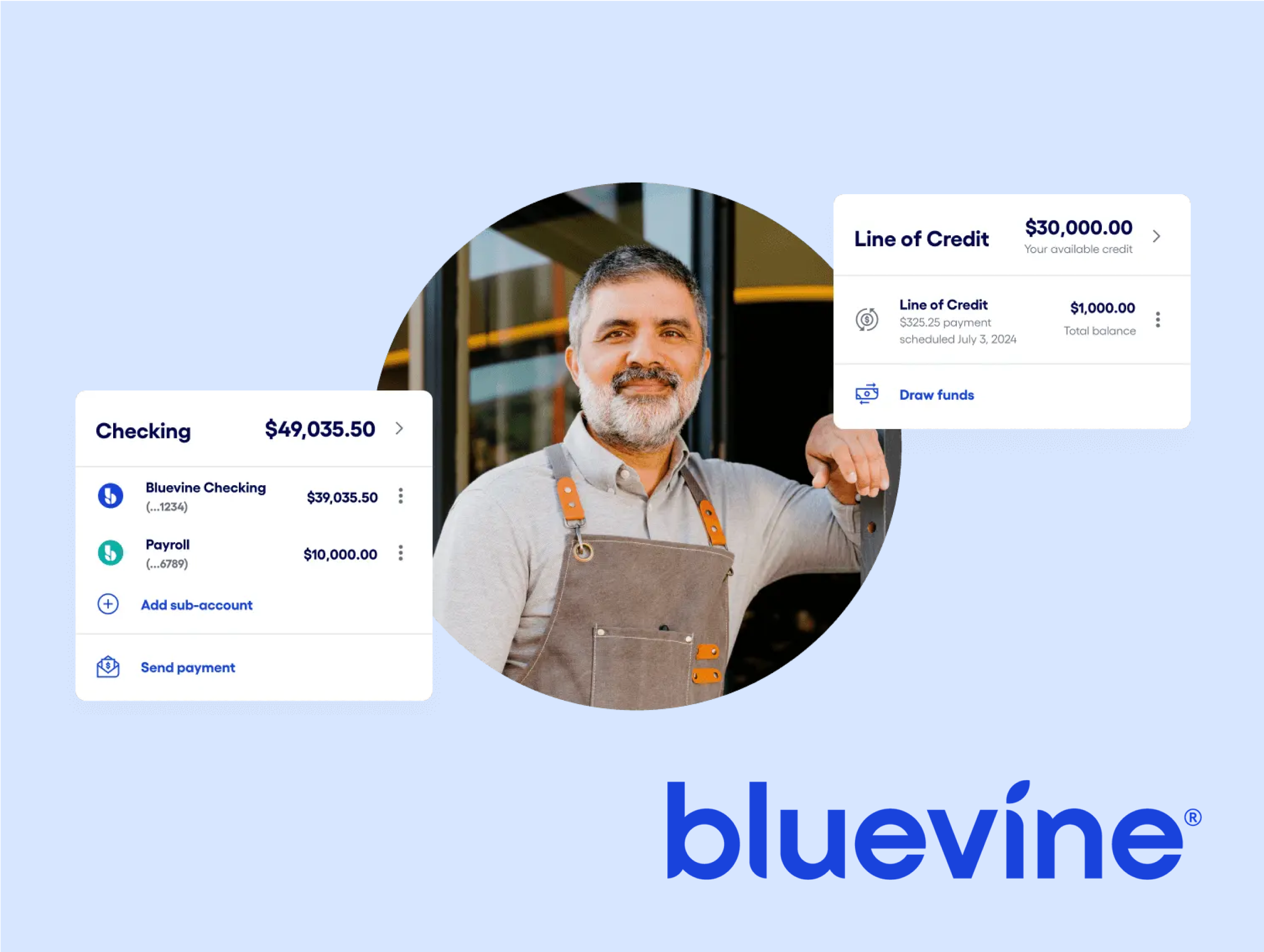 Man in a work apron standing confidently with two financial summaries around him. On the left, a checking account balance of $49,035.50 with details for Bluevine Checking and PayPal accounts. On the right, a line of credit summary showing an available credit of $30,000.00. The Bluevine logo is displayed at the bottom of the image with a light blue background.