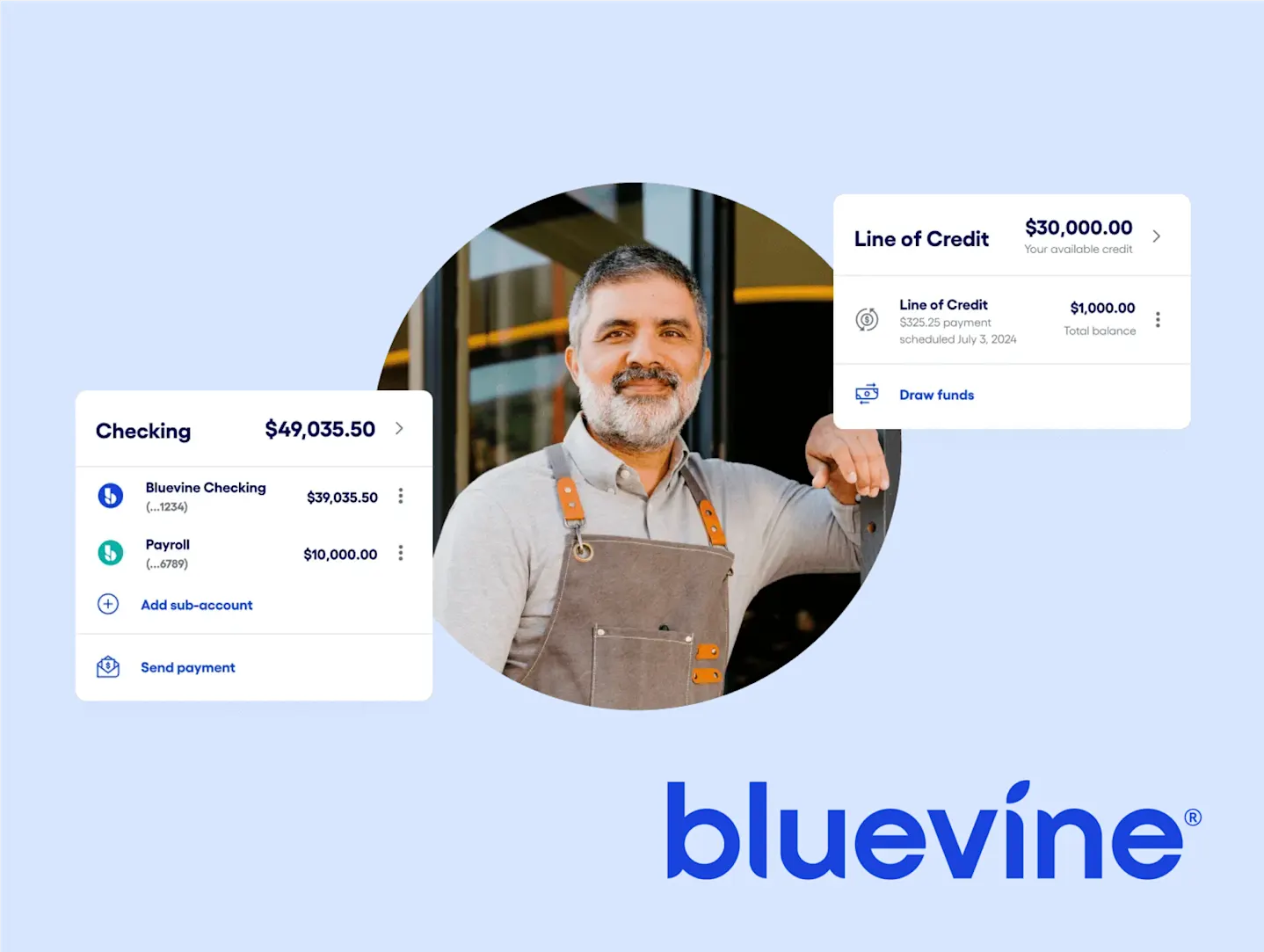 Man in a work apron standing confidently with two financial summaries around him. On the left, a checking account balance of $49,035.50 with details for Bluevine Checking and PayPal accounts. On the right, a line of credit summary showing an available credit of $30,000.00. The Bluevine logo is displayed at the bottom of the image with a light blue background.