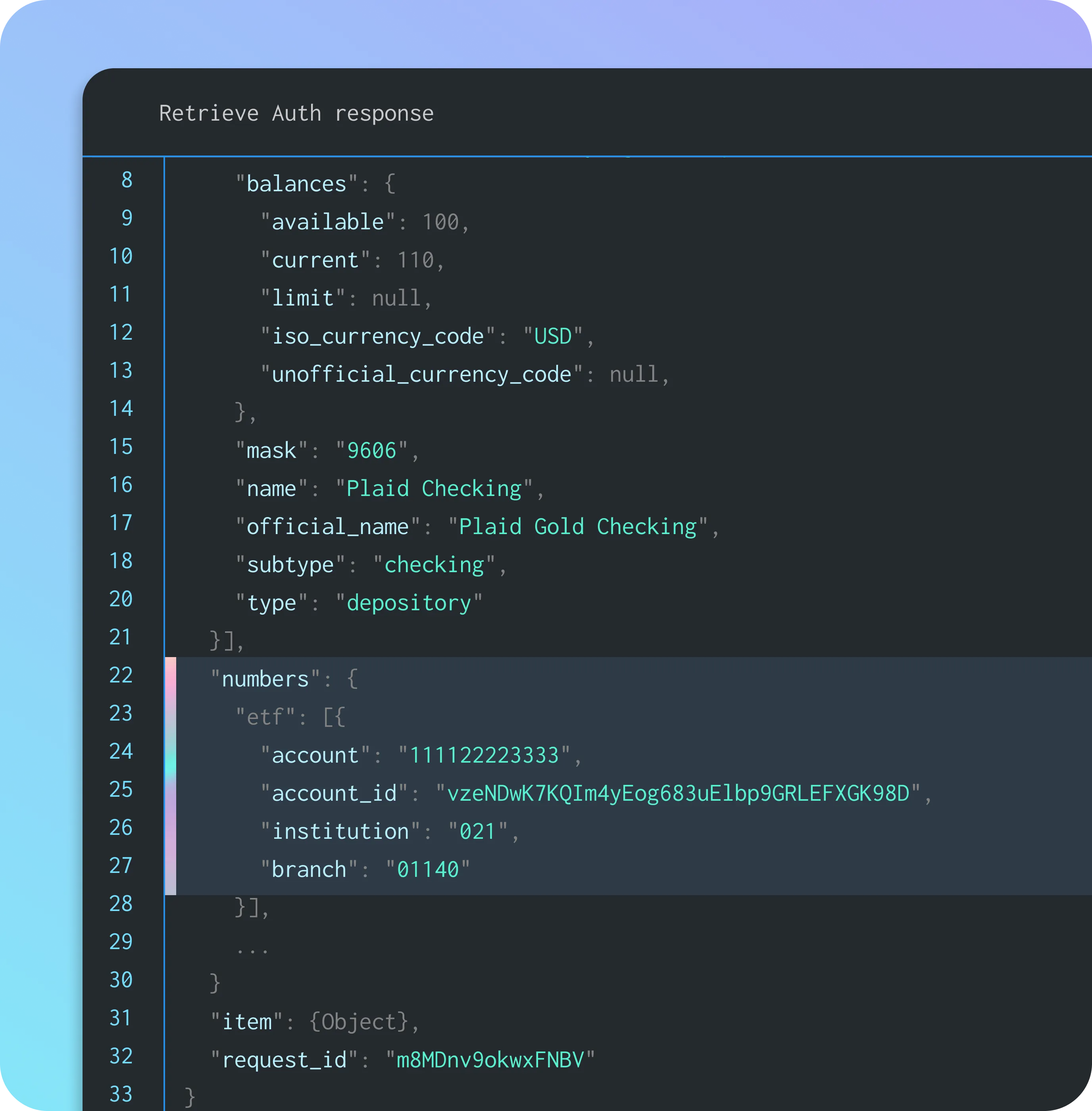 Banking API authentication response displaying account balances, currency (USD), and masked account details. The JSON-format data includes an 'ETF' section with account and institution numbers, branch code, and an account ID, representing electronic funds transfer and secure financial data integration.