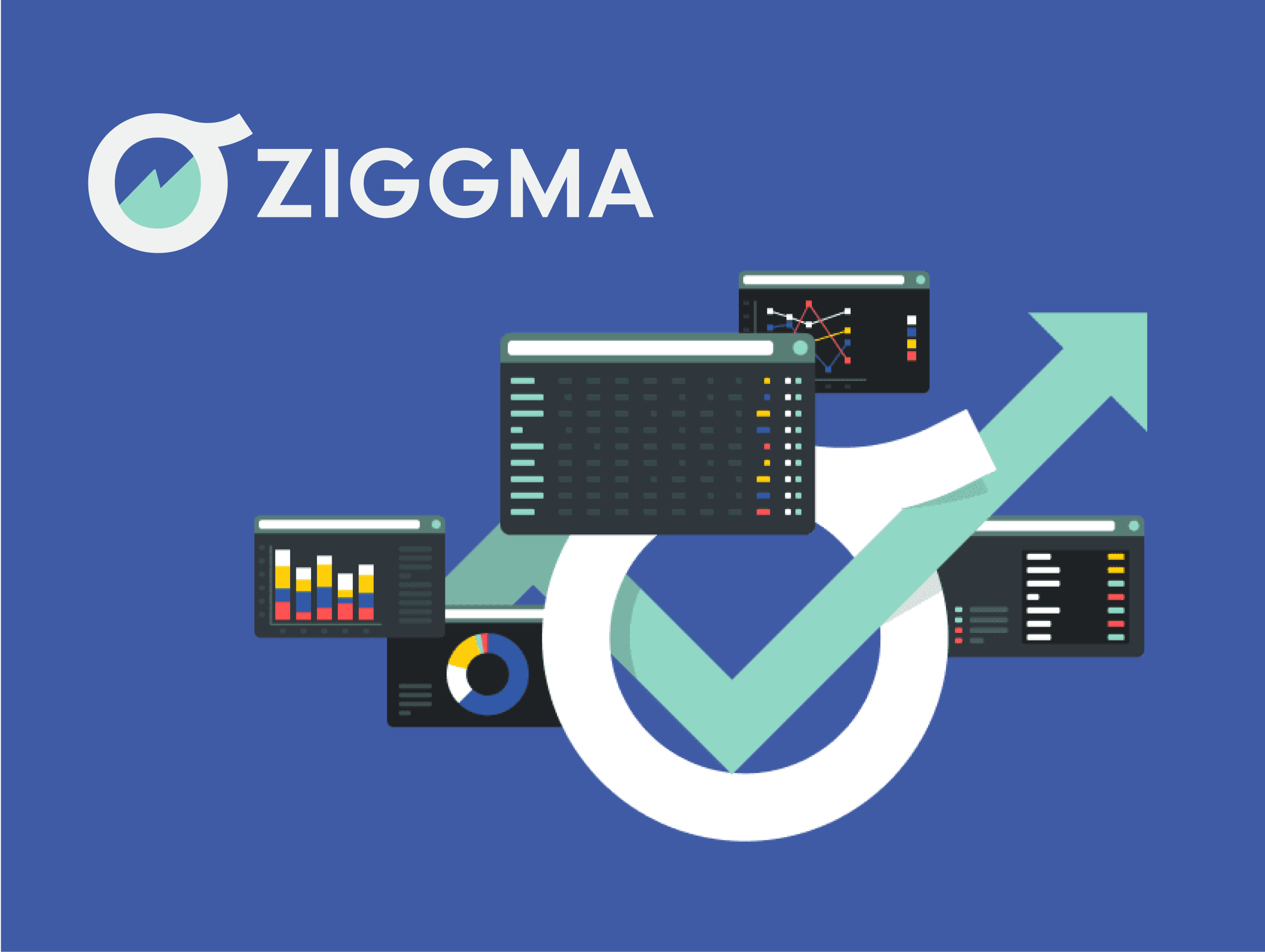 Ziggma logo with a white circular icon and a rising chart symbol, set against a blue background. Various data dashboards with charts, graphs, and financial metrics are displayed, illustrating portfolio management tools. A large checkmark and upward arrow emphasize growth and success.