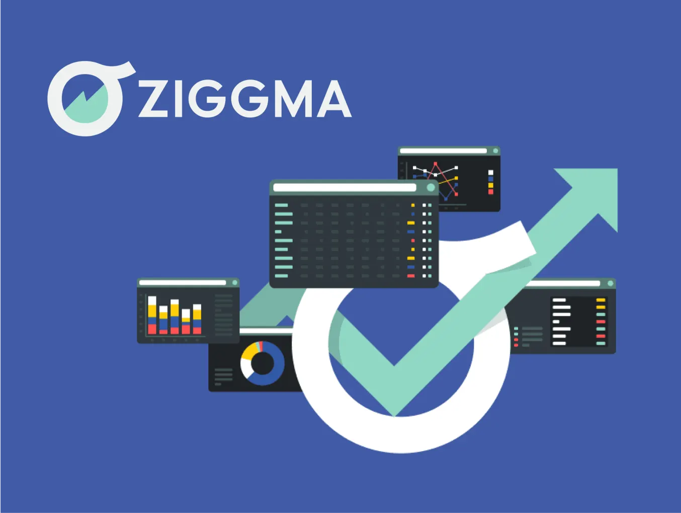 Ziggma logo with a white circular icon and a rising chart symbol, set against a blue background. Various data dashboards with charts, graphs, and financial metrics are displayed, illustrating portfolio management tools. A large checkmark and upward arrow emphasize growth and success.