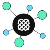 Illustration of a central black circle with the Plaid logo, connected to six smaller circles in green and blue, representing a network or interconnected nodes.