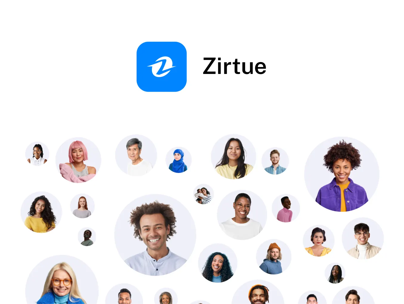 Zirtue logo featuring a white 'Z' symbol inside a blue square, above a collection of diverse headshots displayed in circular frames against a white background, representing a community of users.