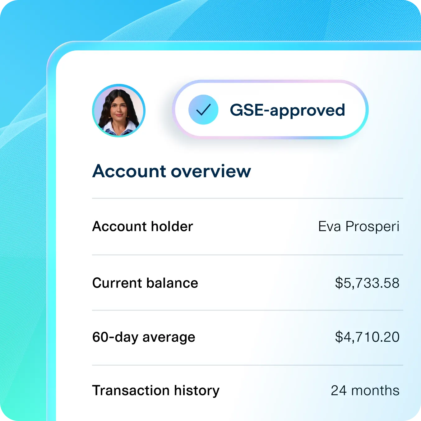 GSE-approved asset verification report showing a borrower’s account overview—including balance, 60-day average, and transaction history—demonstrating how Plaid streamlines verification and underwriting with compliant VOA data.