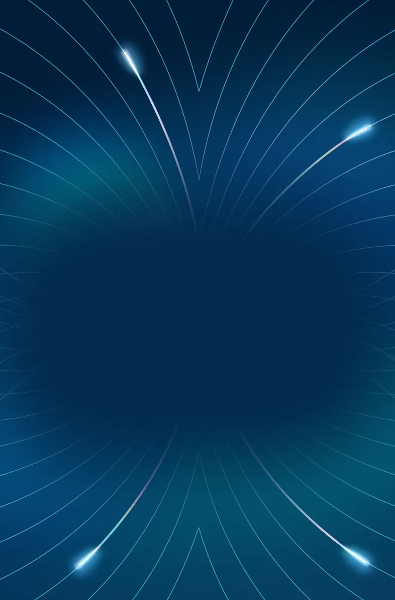 Abstract blue background with curved glowing lines and light streaks converging toward the center