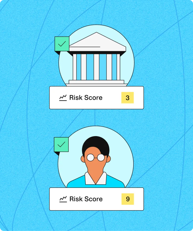 a bank with a checkmark and risk score of 3 and a man with a checkmark and a risk score of 9