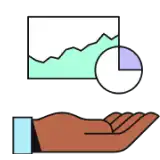 Illustration of a hand holding a graph and a pie chart, representing data analysis or financial support. The graph is green with an upward trend, and the pie chart has a segment highlighted in purple.