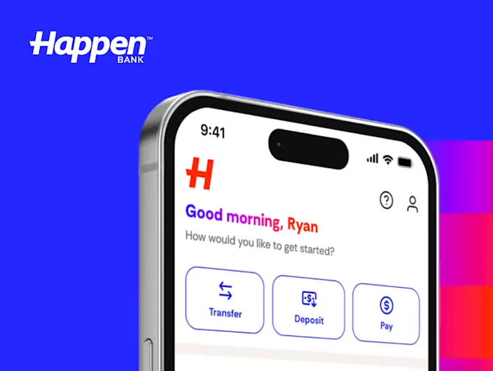Happen Bank mobile banking app displayed on a smartphone, illustrating how the bank uses Plaid data to bring more financial context into lending decisions.