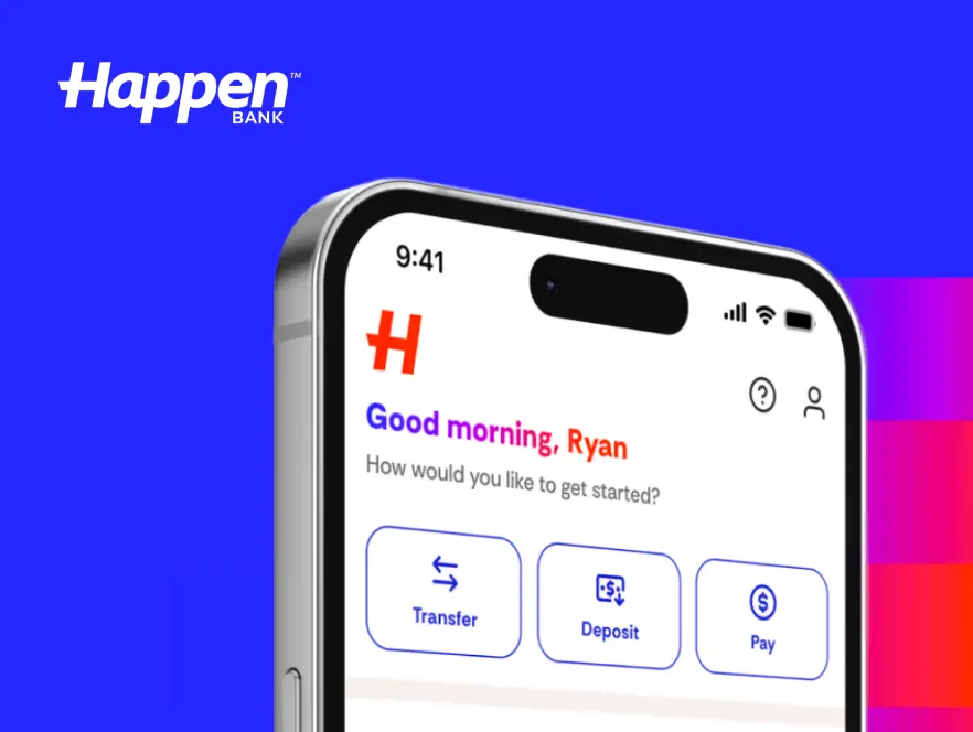 Happen Bank mobile banking app displayed on a smartphone, illustrating how the bank uses Plaid data to bring more financial context into lending decisions.