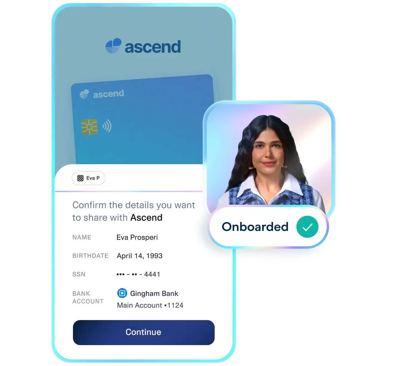 Onboarding screen showing a user confirming personal and bank account details with an ‘Onboarded’ approval badge, demonstrating how Plaid powers fast, trusted identity verification and frictionless account creation.