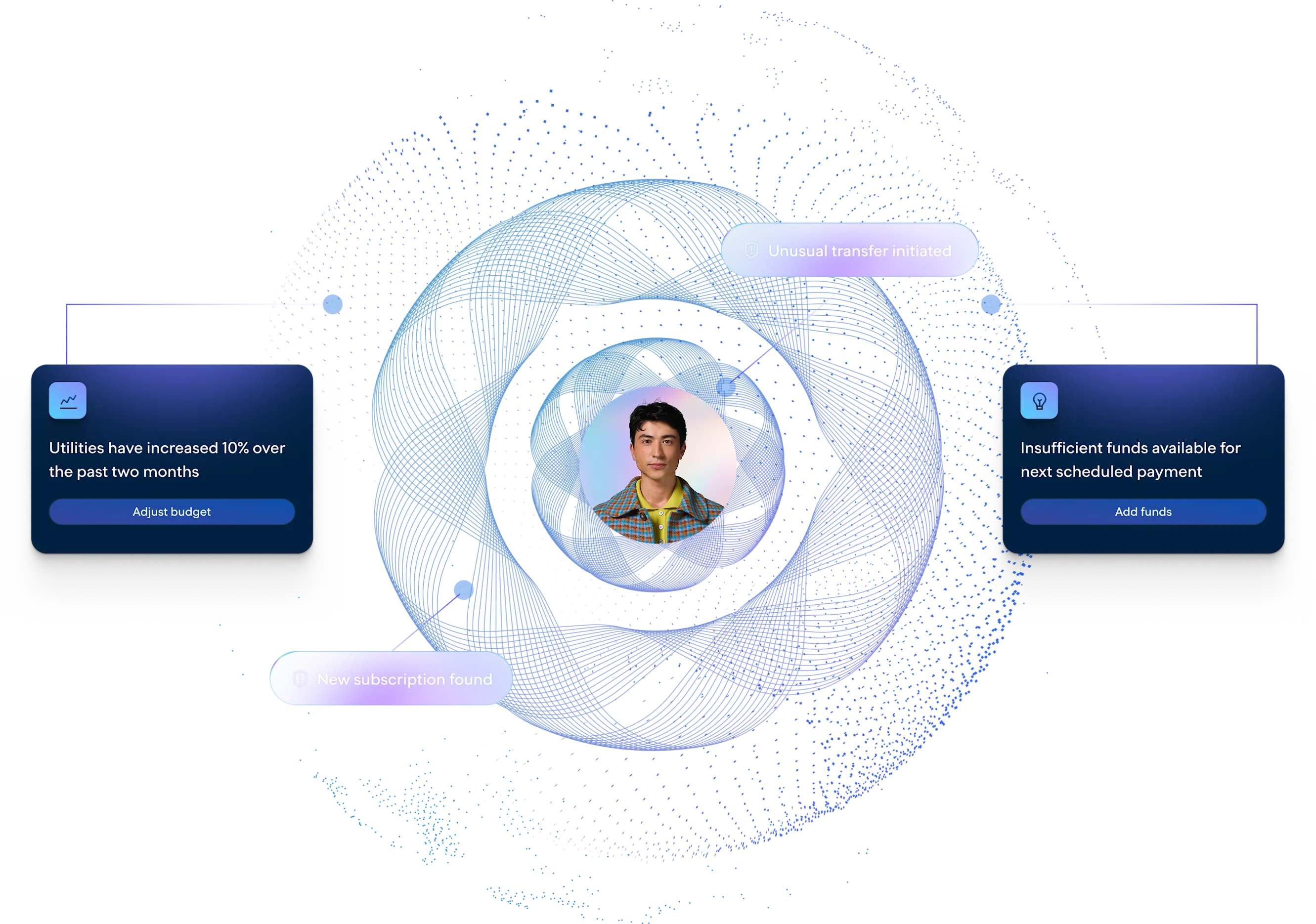 Illustration composite showing AI-powered personal finance flags using Plaid-powered financial insights with real-time account monitoring, ACH transfer alerts, subscription tracking, and low balance notifications to help fintech apps improve budgeting and fraud prevention.