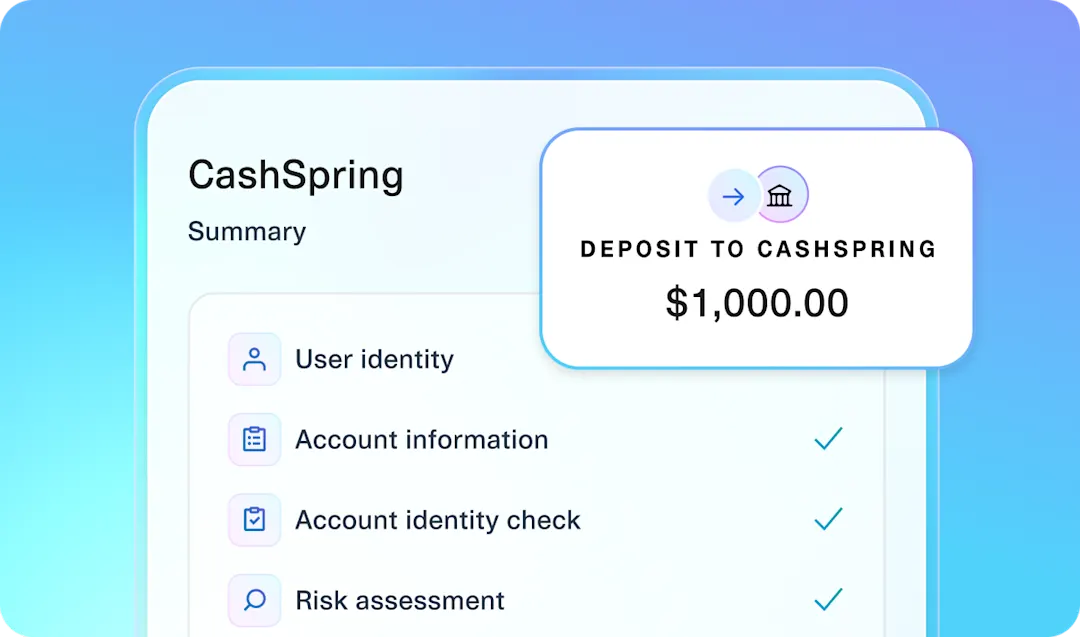 Plaid account funding demo showing secure bank payments to deposit funds, verify account ownership, and assess return risk in one streamlined onboarding flow.