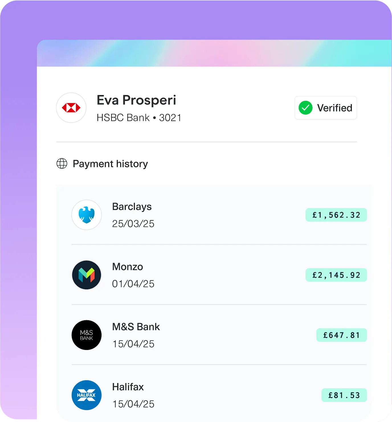 Financial dashboard for Eva Prosperi at HSBC Bank showing payment history to institutions like Barclays, Monzo, M&S Bank, and Halifax, with details on amounts, interest rates, and payment dates.