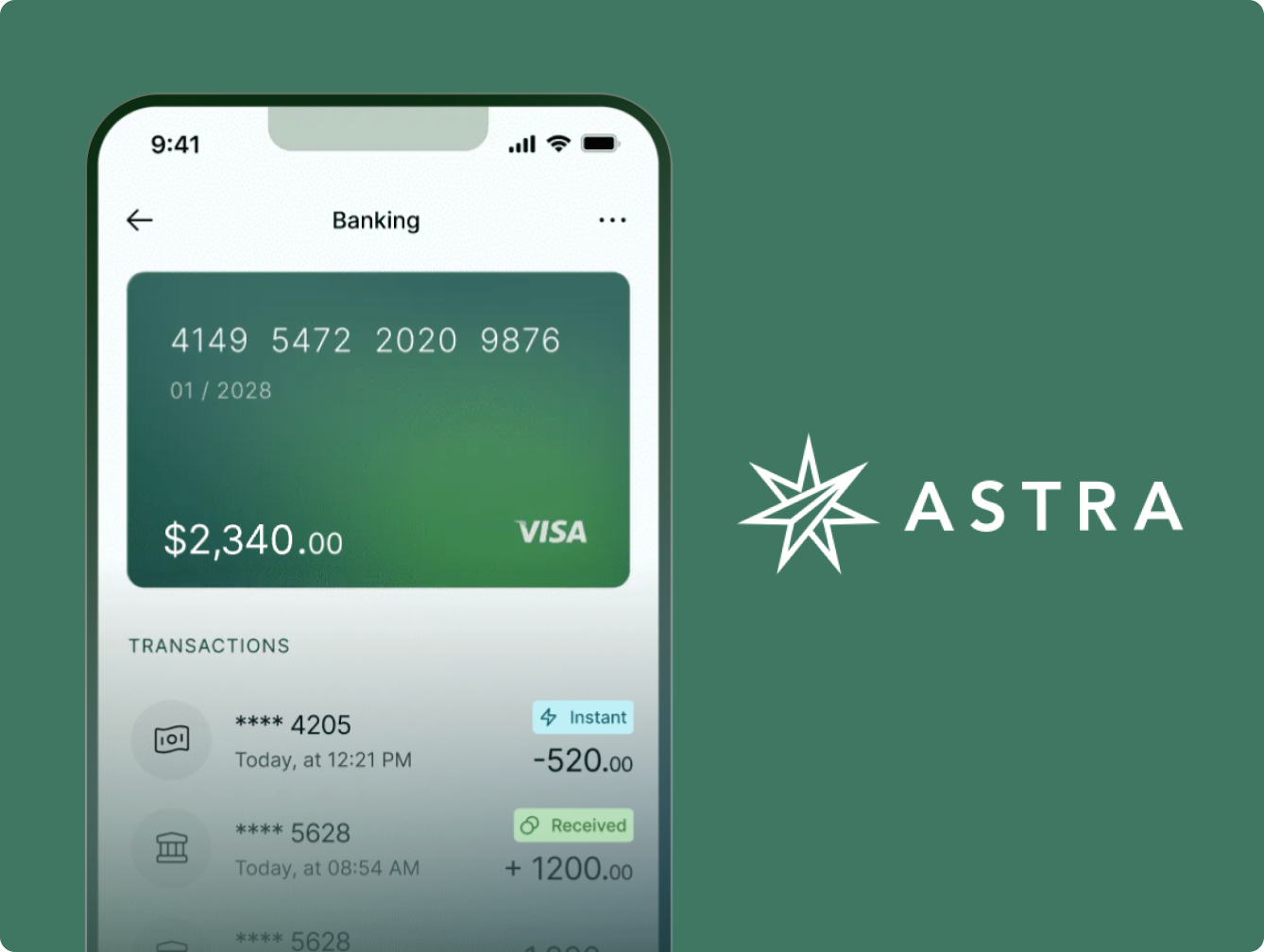 Mobile banking app interface displayed on a smartphone screen showing a Visa card with a balance of $2,340 and recent transaction history. The app shows two transactions: a $520 expense and a $1,200 income. To the right, the Astra logo, featuring a stylized star, is visible on a green background.