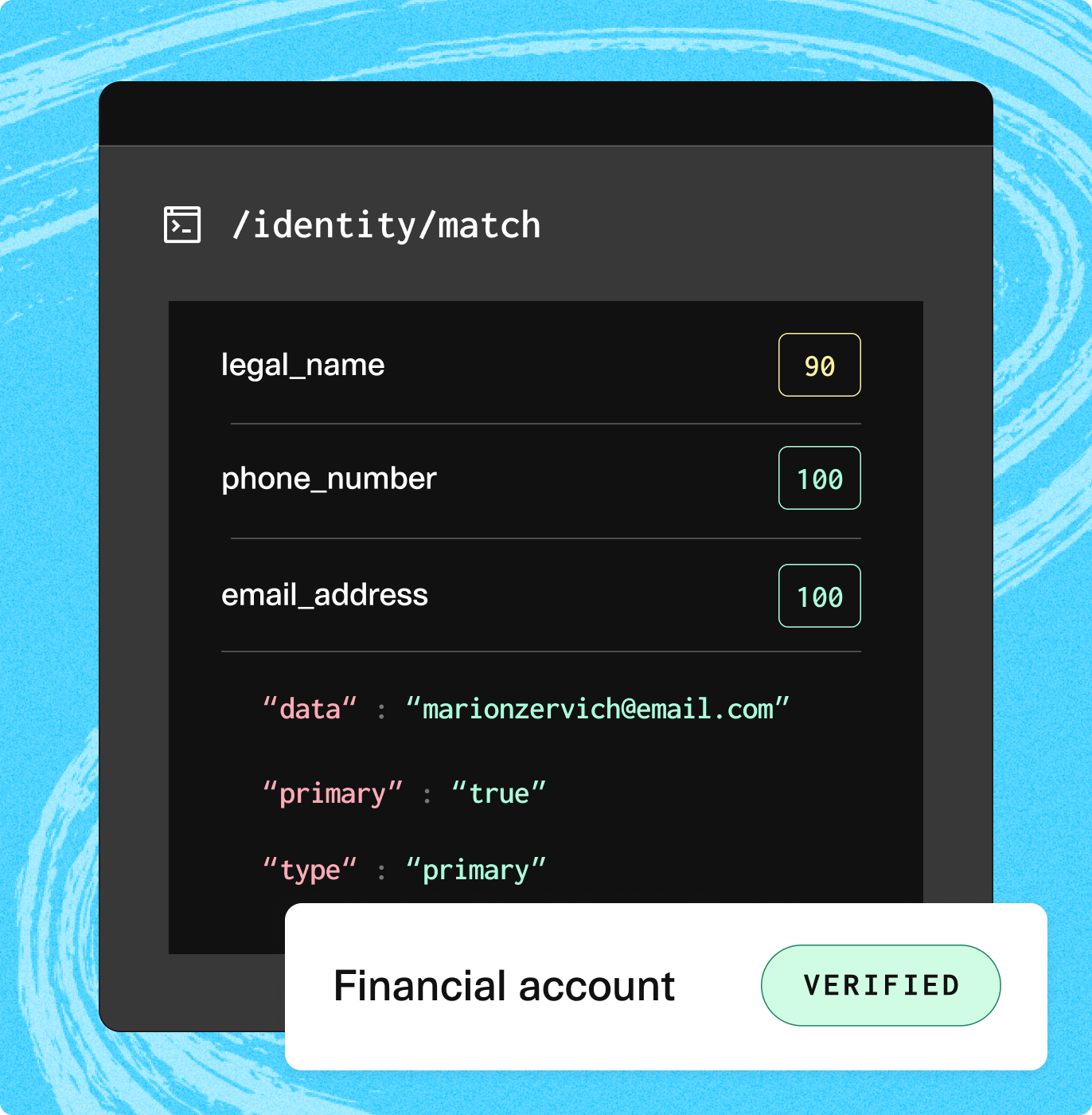 Screen of a verified identity match for a financial account