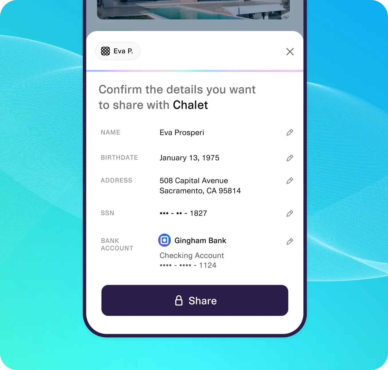 User confirms personal and financial details to securely share with Chalet, including name, address, SSN, and bank info