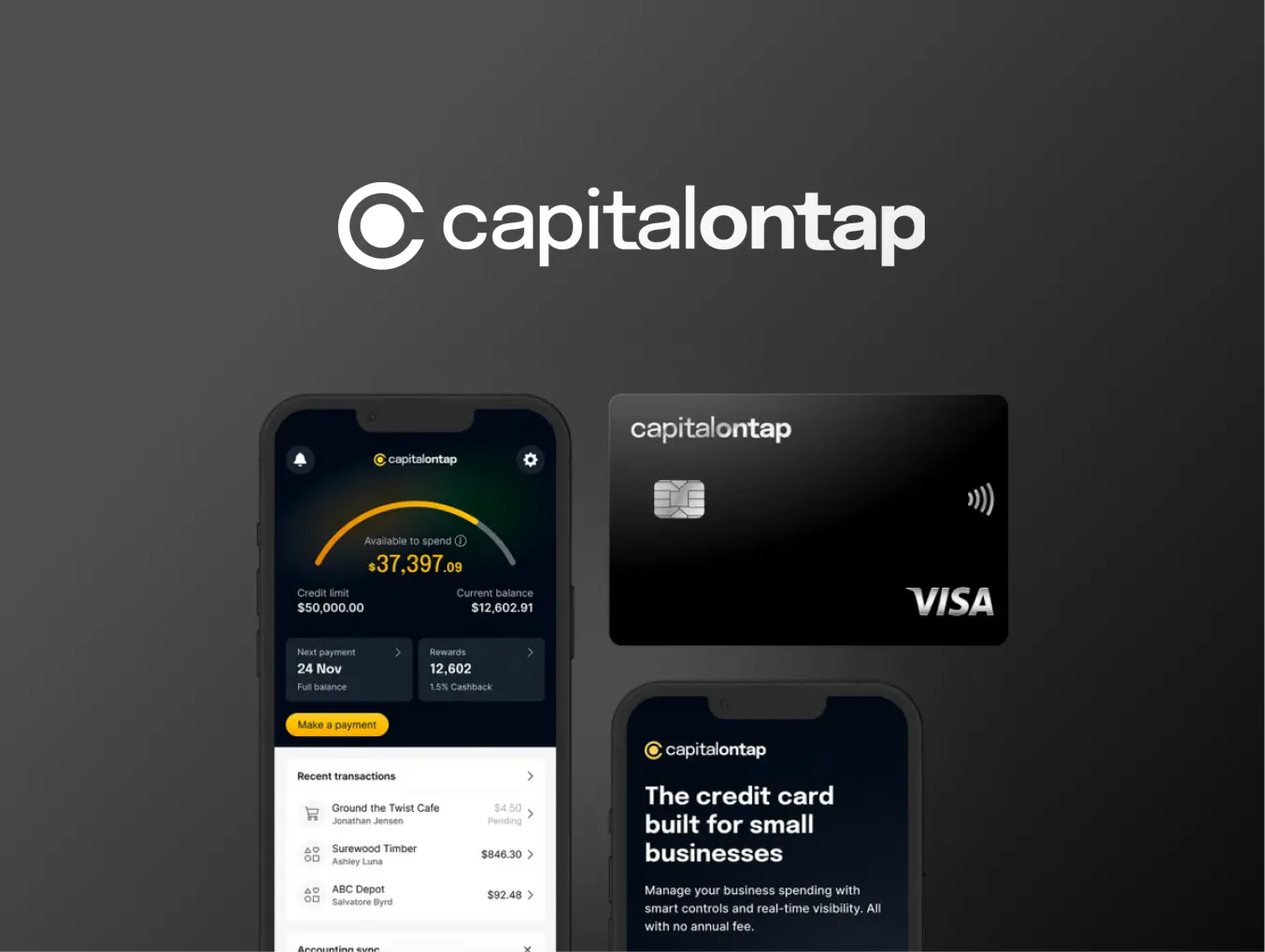 A smartphone interface displaying account details, a black Capital on Tap Visa card, and the text 'The credit card built for small businesses.' The smartphone screen shows an available balance of $37,397.09 with a credit limit of $50,000.00 and a current balance of $12,602.91. The recent transactions list includes entries such as Ground the Twist Cafe, Surewood Timber, and ABC Depot. The Capital on Tap logo is prominently displayed at the top of the image against a dark background.