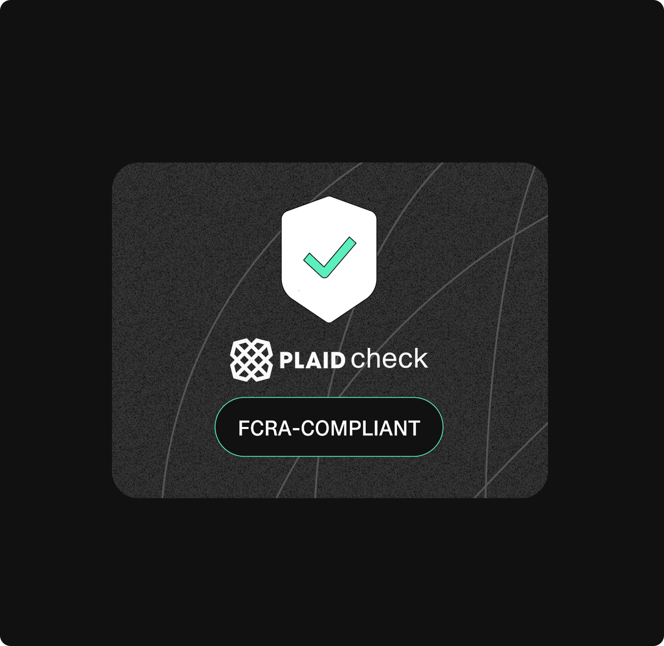 PLAIDcheck logo with a checkmark icon on a shield, indicating FCRA-compliance, on a dark background.