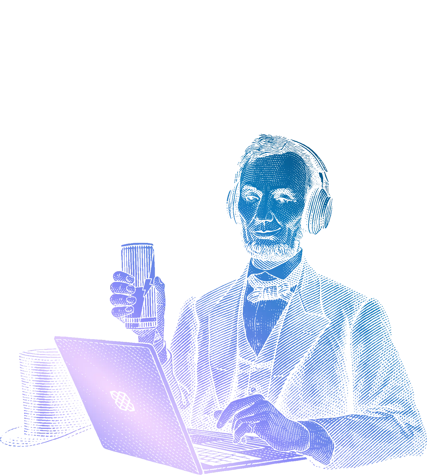 Abe Lincoln wearing headset, holding coffee, and sitting in front of laptop with Plaid logo