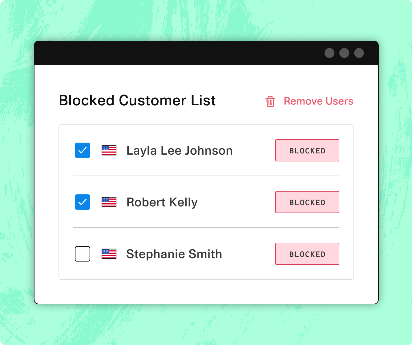 blocked customer list with names and checkmarks and blocked warning box