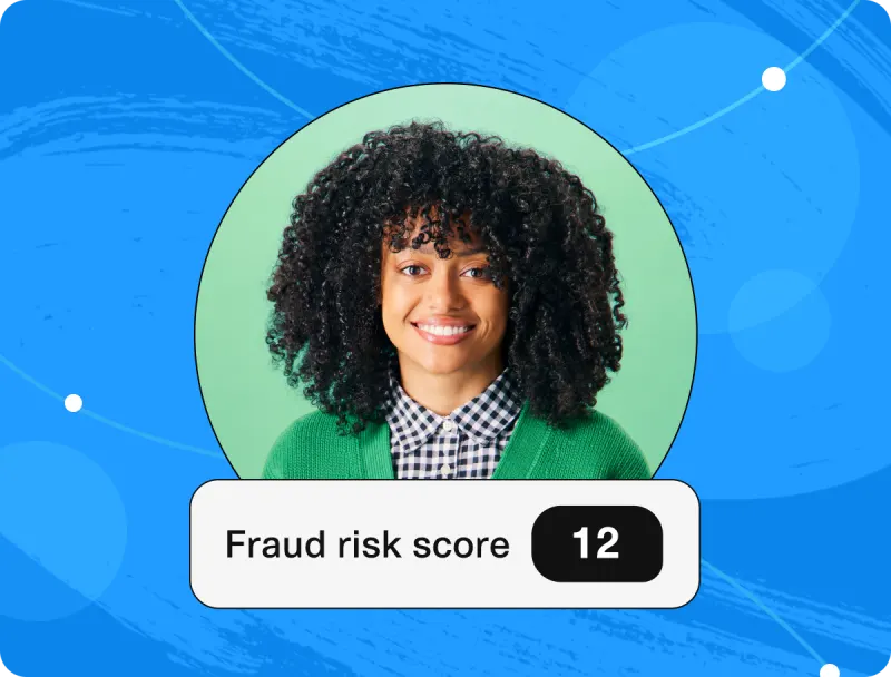 A young woman with curly black hair, smiling at the camera. She is wearing a green blazer and a checkered shirt. Her portrait is encased within a circular lime-green border against a vibrant blue background with subtle abstract designs. Below her image, there's a white banner displaying the text "Fraud risk score" accompanied by a waveform icon. Adjacent to this text is a black button with the number "12" in white font, indicating a risk score of 12. The overall design appears to be a representation of a user profile with a risk assessment score.