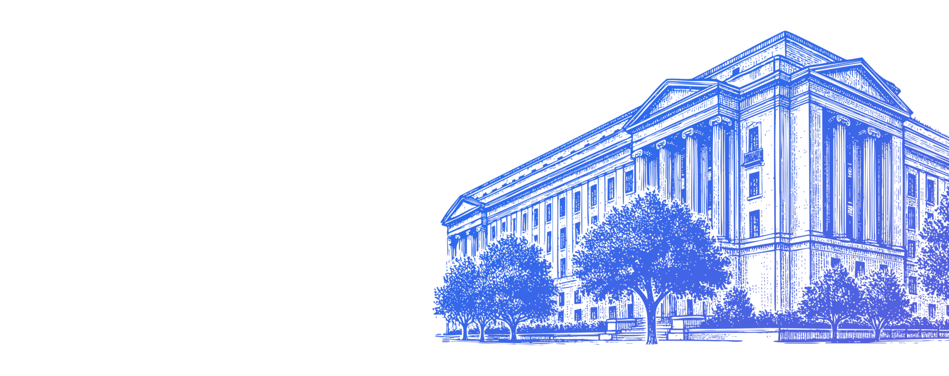 Illustration of a neoclassical government building with columns and trees in the foreground, symbolizing public institutions, legal systems, or civic infrastructure.