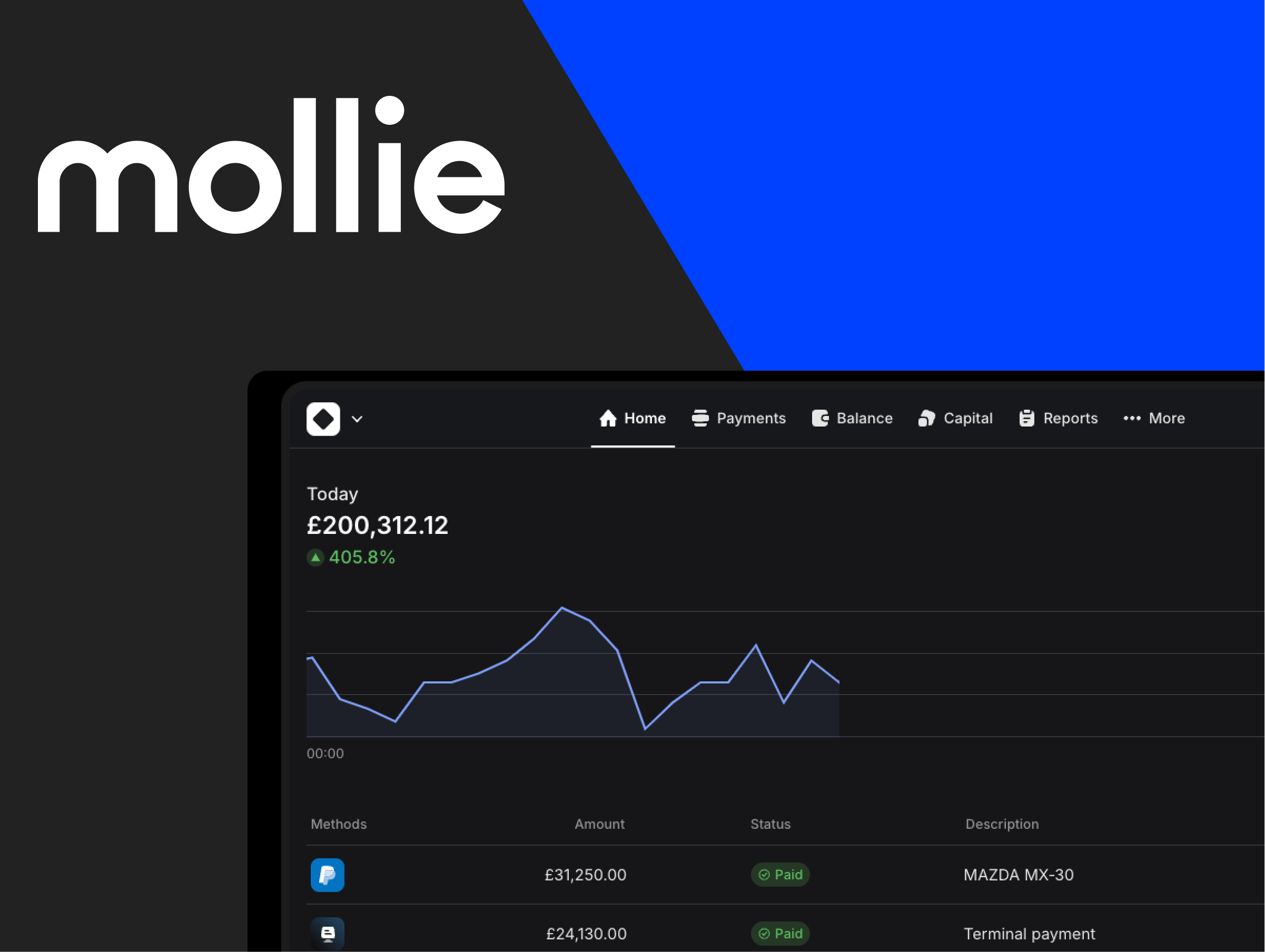 A financial dashboard on a screen showing a graph with a balance of £200,312.12 and a significant increase of 405.8%. The dashboard also displays payment methods, amounts, statuses, and descriptions such as 'MAZDA MX-30' and 'Terminal payment.' The Mollie logo is prominently displayed on the left side of the image against a black and blue background.