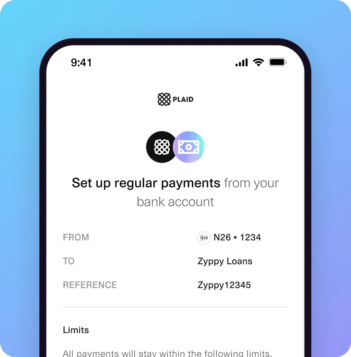 Mobile screen displaying a Plaid interface for setting up regular payments from an N26 bank account to Zyppy Loans, with a reference ID “Zyppy12345” and a section for payment limits.
