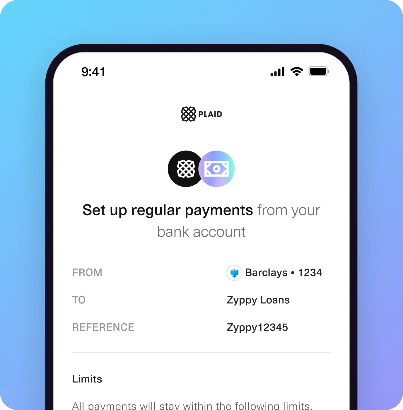 Mobile screen displaying a Plaid interface for setting up regular payments from an N26 bank account to Zyppy Loans, with a reference ID “Zyppy12345” and a section for payment limits.