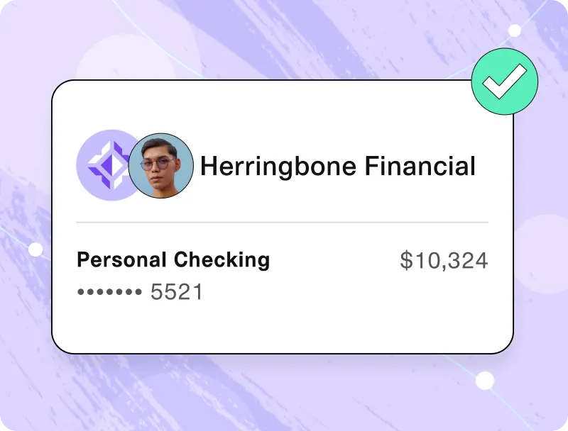 A digital card from "Herringbone Financial" showing a young man's profile picture, account type "Personal Checking", balance of "$10,324", and partial account number "....5521". A green checkmark is on the top right.
